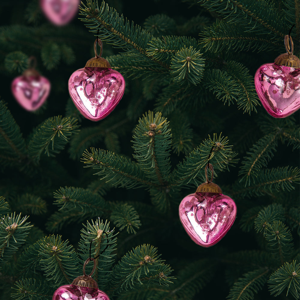 6 Pack | 1.5&quot; Pink Cora Mercury Glass Heart Ornaments Christmas Tree Decoration - PaperLanternStore.com - Paper Lanterns, Decor, Party Lights &amp; More