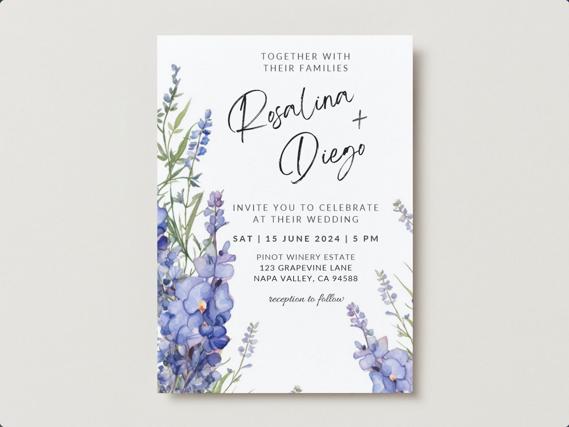 CUSTOM ORDER Pastel Purple Lavender, Blush Pink & Water Color Floral  Wedding Invitation with RSVP, Envelope, and Return Address Printing