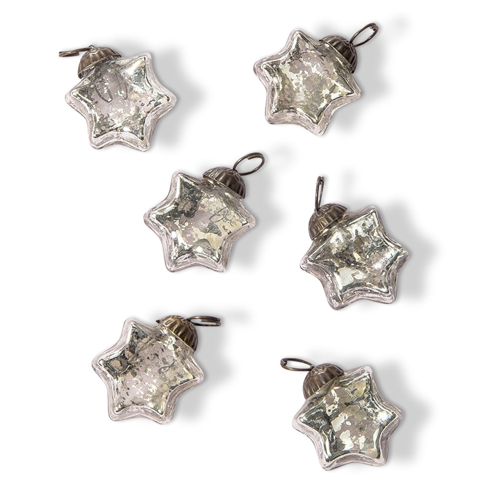 6 Pack | Mini Mercury Glass Star Ornaments (1 to 1.5-Inch, Silver, Imogen Design) - Great Gift Idea, Vintage-Style Decorations for Christmas and Home Decor - PaperLanternStore.com - Paper Lanterns, Decor, Party Lights &amp; More