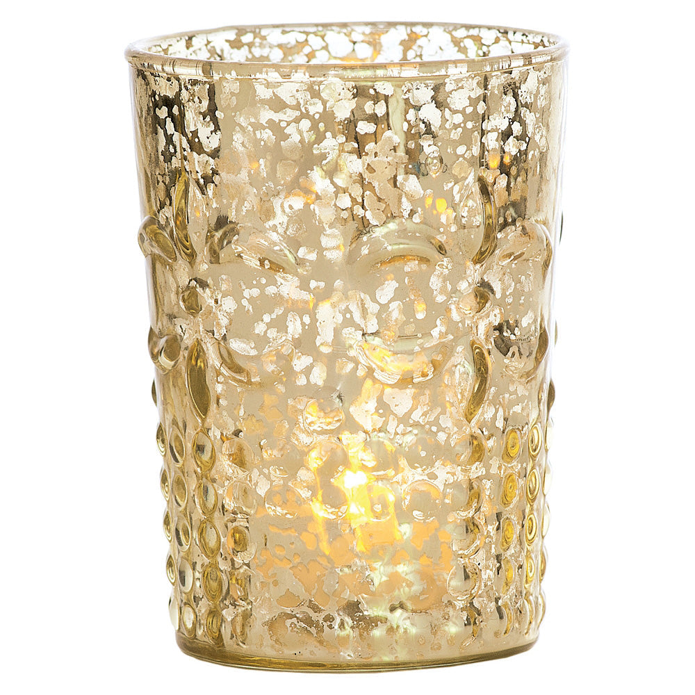 Vintage Mercury Glass Candle Holder (4-Inch, Fleur Design, Flower Motif, Gold) - For Home Decor, Party Decorations, and Wedding Centerpieces - PaperLanternStore.com - Paper Lanterns, Decor, Party Lights & More