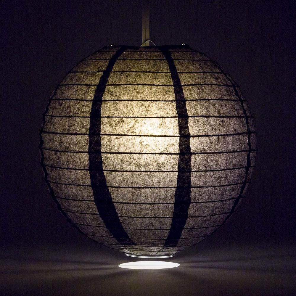 Lit Black Round Paper Lantern, Even Ribbing, Chinese Hanging Wedding &amp; Party Decoration