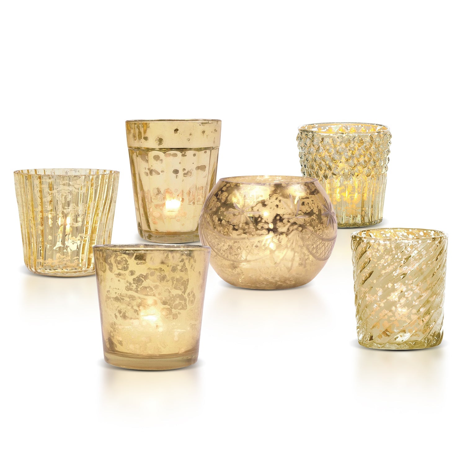 6 Pack | Vintage Mercury Glass Candle Holders (2.5-Inch, Lila Design, Liquid Motif, Gold) - for Use with Tea Lights - for Parties, Weddings and Homes