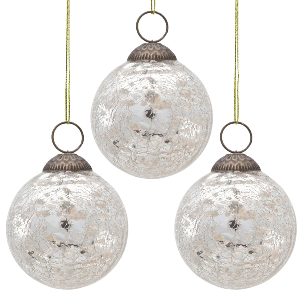 3-PACK | 3&quot; Silver Lana Mercury Crackle Ball Glass Ornament Christmas Tree Decoration - Luna Bazaar | Boho &amp; Vintage Style Decor