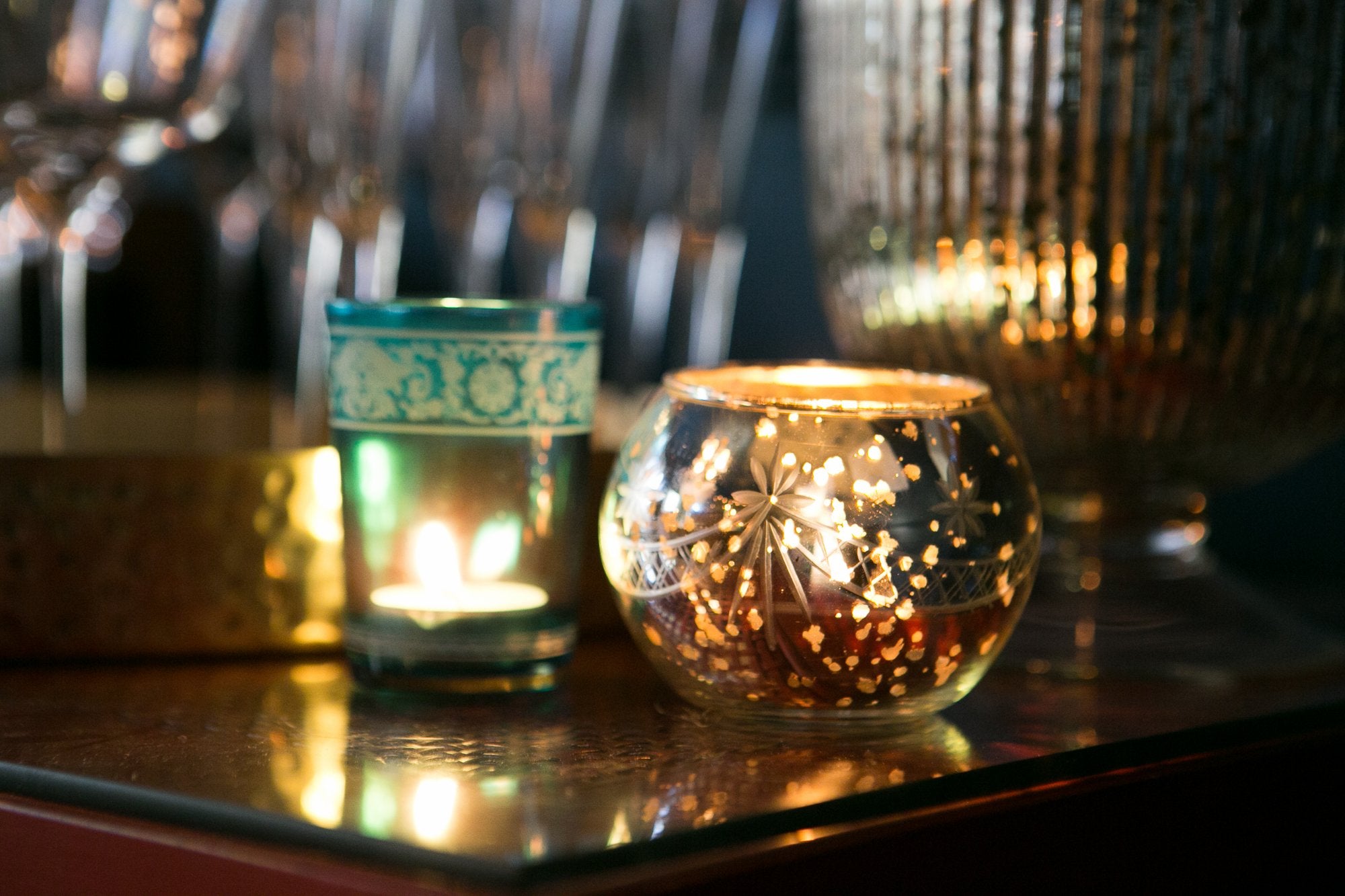 Mini Gold Mercury Glass Lanterns - Set of 4, Warm White LED Lights, 4