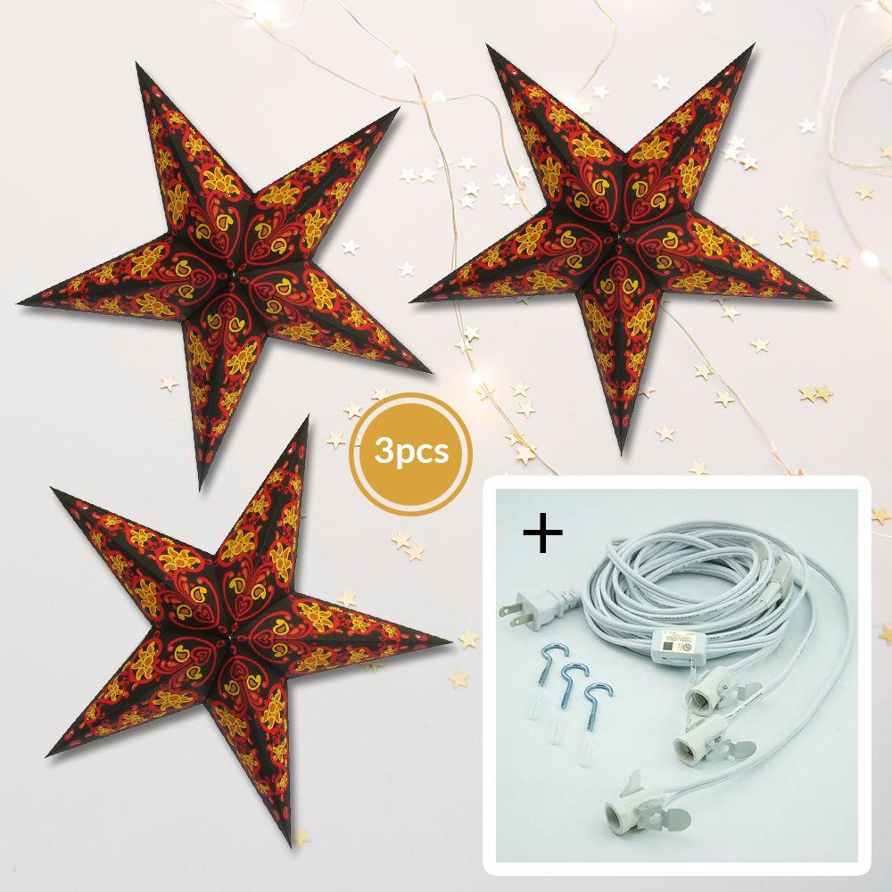 3-PACK + Cord|Black Magic 24 Inch Illuminated Paper Star Lanterns and Lamp  Cord Hanging Decorations - Luna Bazaar | Boho & Vintage Style Decor