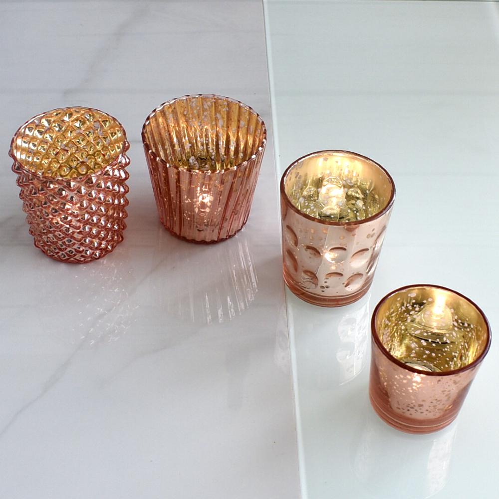 Best of Show Mercury Glass Tealight Votive Candle Holders (Rose Gold Pink, Set of 4, Assorted Styles) - for Weddings, Events, Parties, and Home Décor, Ideal Housewarming Gift - Luna Bazaar | Boho &amp; Vintage Style Decor