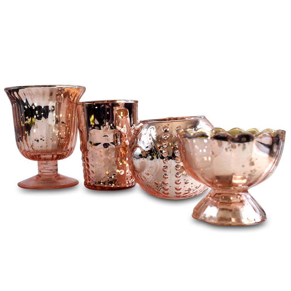 4 Pack Vintage Glam Mercury Glass Tealight Votive Candle Holders Rose