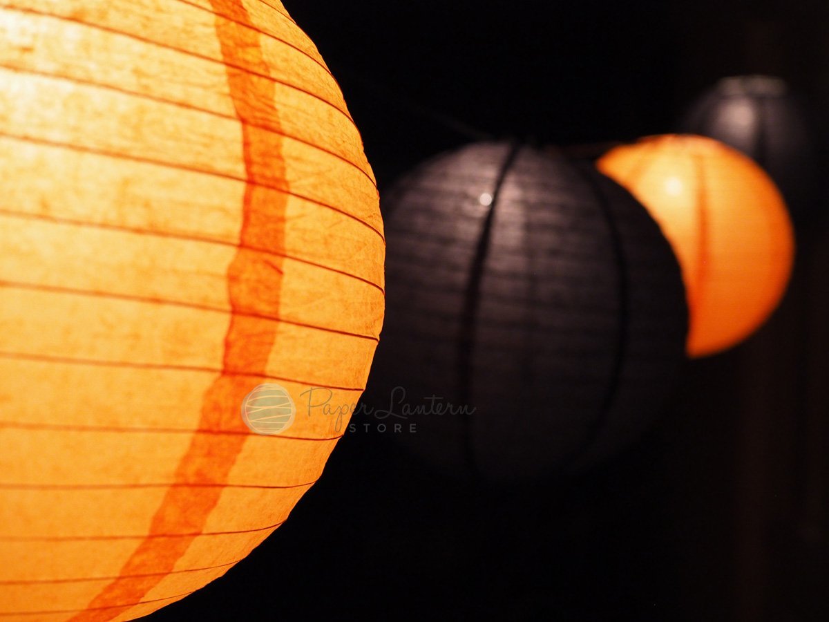 Halloween Black and Orange Paper Lantern String Light Party Decoration Combo Kit (31 ft, Expandable, White Cord) - 14 Lanterns w/ G40 1-Watt