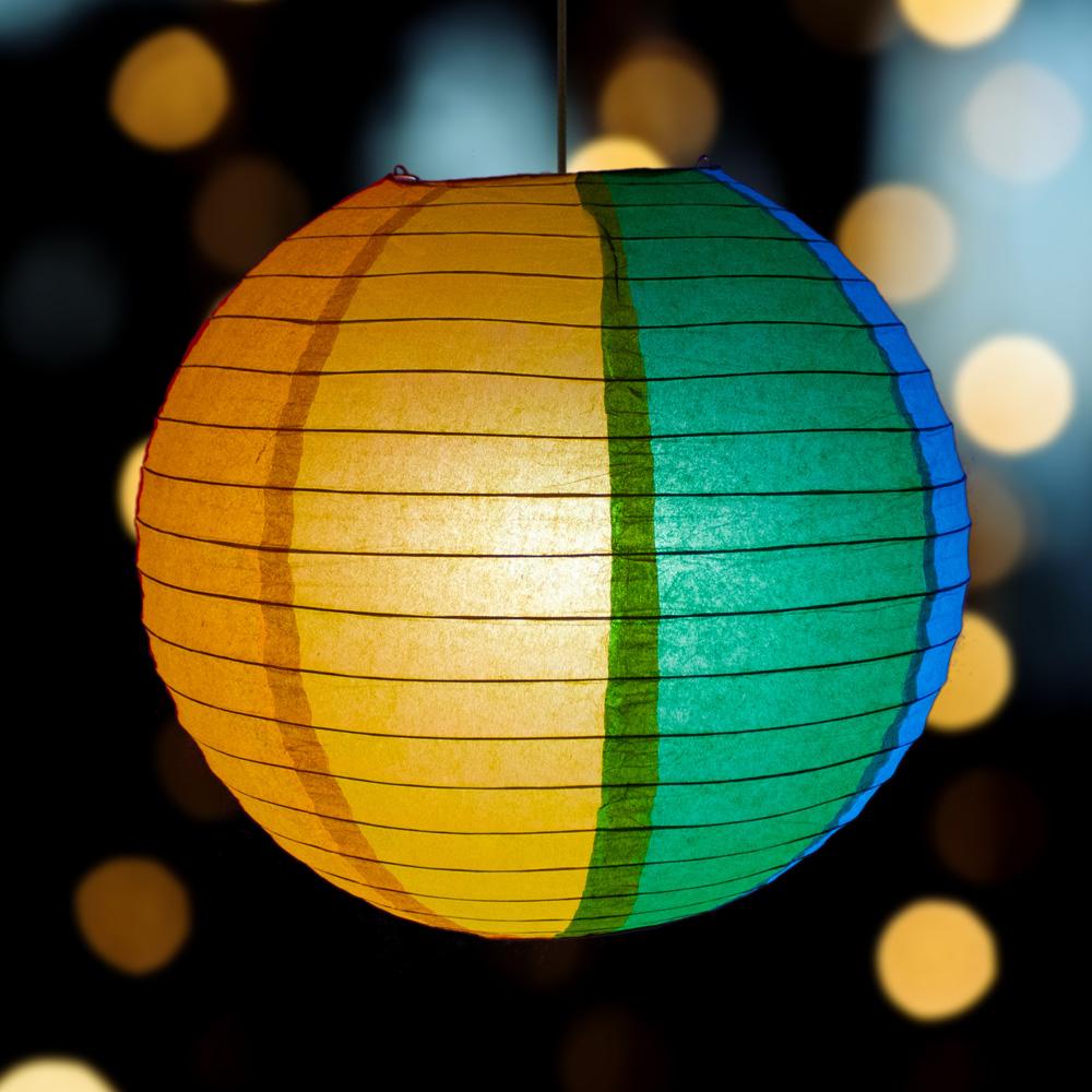 14 inch Rainbow Multi-Color Paper Lantern, Parallel Ribbing (12-Pack)