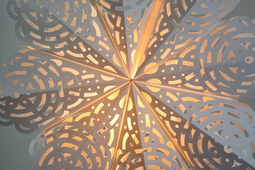 Quasimoon Pizzelle Paper Star Lantern (24-Inch, White, Winter Frost Snowflake Design) - Great With or Without Lights - Holiday Snowflake Decorations